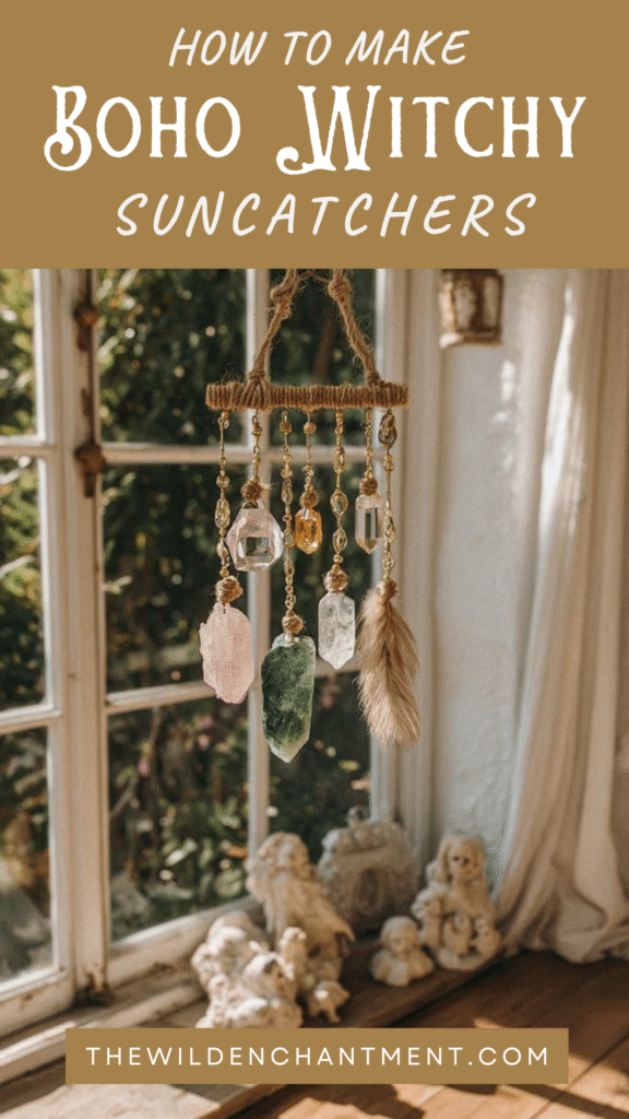 DIY Boho Witchy Suncatcher with crystals and feathers by a window. Learn how to make your own mystical decor.