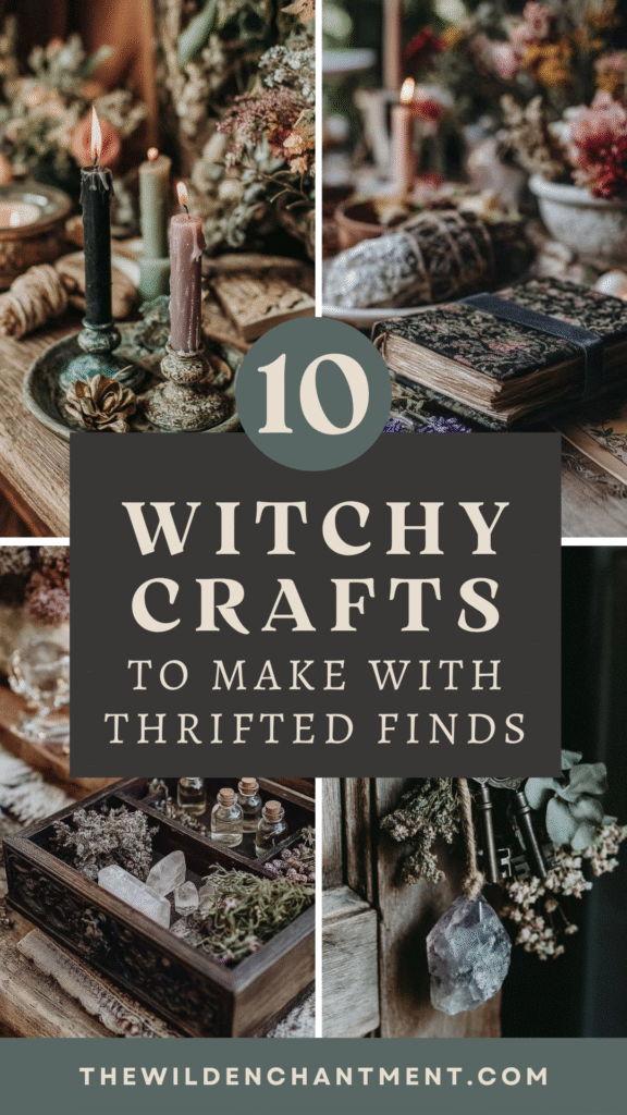 10 witchy crafts using thrifted finds; candles, books, crystals, and herbs for creative DIY magic.