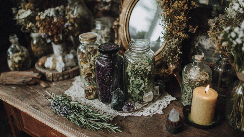 Jars of dried herbs and crystals on a vintage table with a lit candle and decorative mirror.