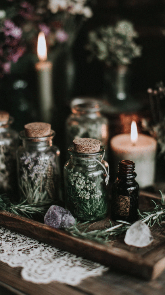 Glass jars with herbs, candles, and crystals in a rustic setting. Cozy, mystical atmosphere.