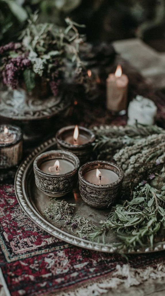 Vintage candles and dried herbs on ornate tray, creating a cozy, rustic atmosphere.