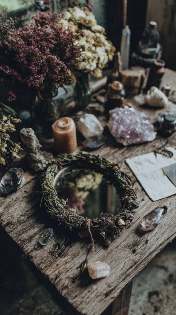 Rustic wooden table with crystals, herbs, candle, and mirror for mystical decor or spiritual practices.
