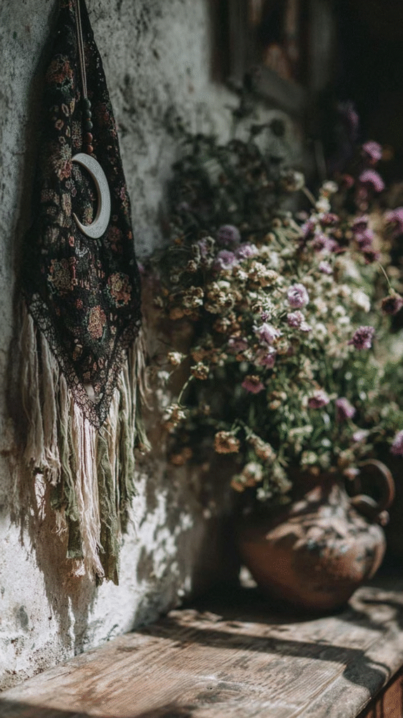 Rustic wall decor with floral tapestry and dried flowers in vintage vase. Cozy, bohemian interior style.