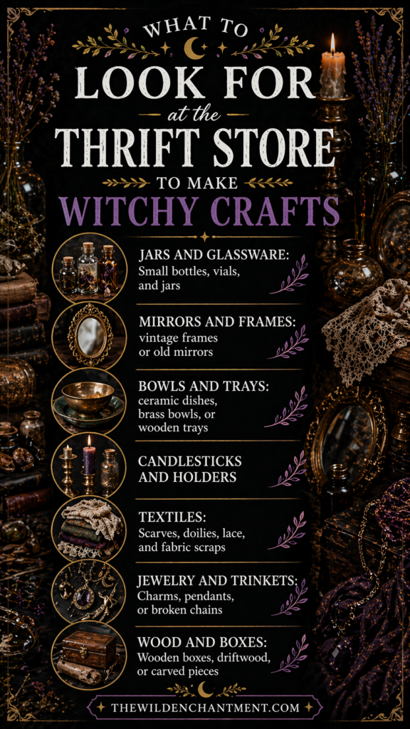 Infographic: thrift store finds for witchy crafts—jars, mirrors, bowls, candlesticks, textiles, trinkets, wood boxes.