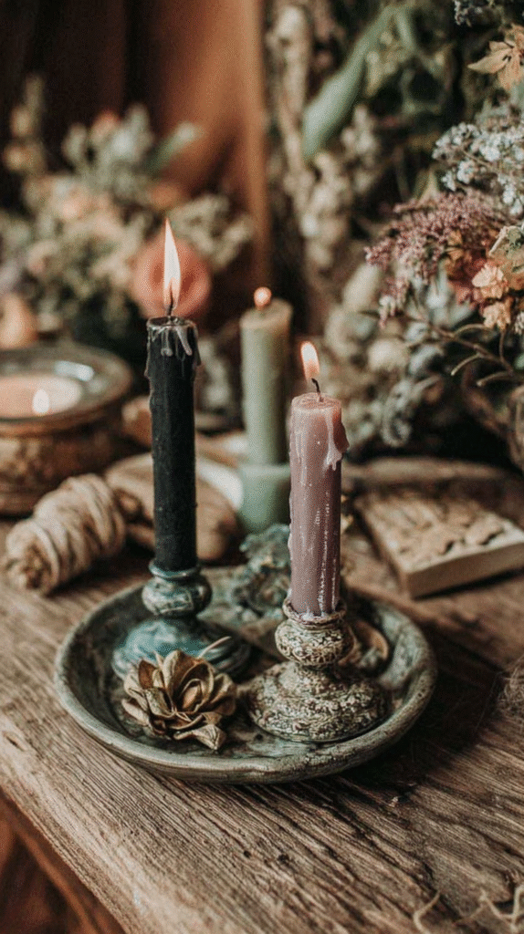 Rustic scene with lit candles on a wooden table, surrounded by dried flowers, evoking a cozy autumn ambiance.