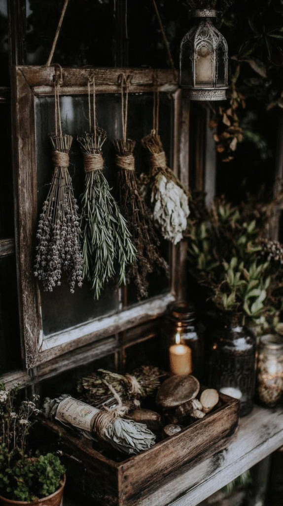 Rustic herbs hanging by window with candlelit ambiance, cozy wooden tray and vintage decor: a serene herbal setting.