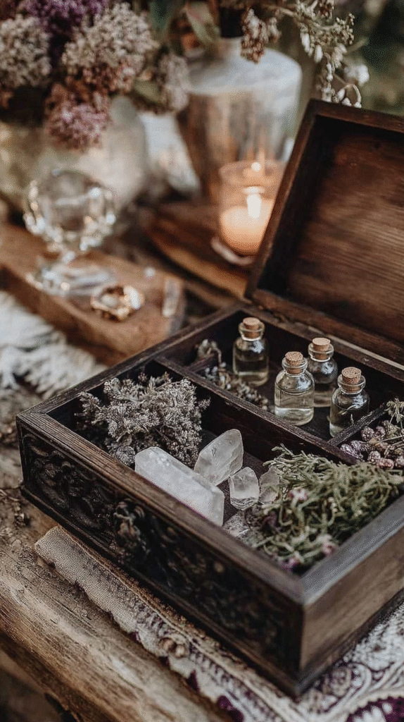 Antique wooden box with crystals, herbs, and vials, creating a mystical, enchanting atmosphere on a rustic table.