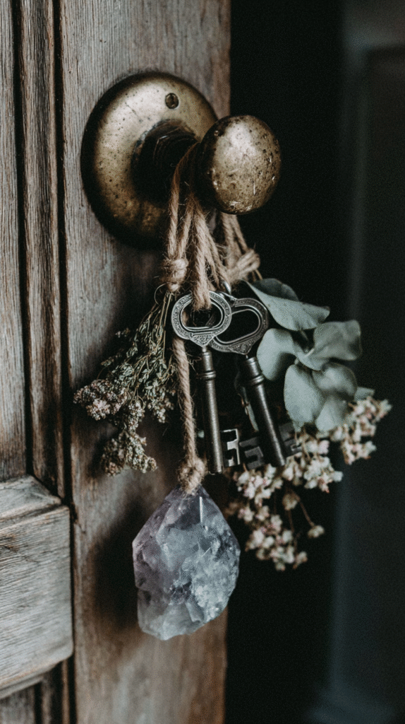 Vintage keys, flowers, and crystal hanging on a rustic door knob.