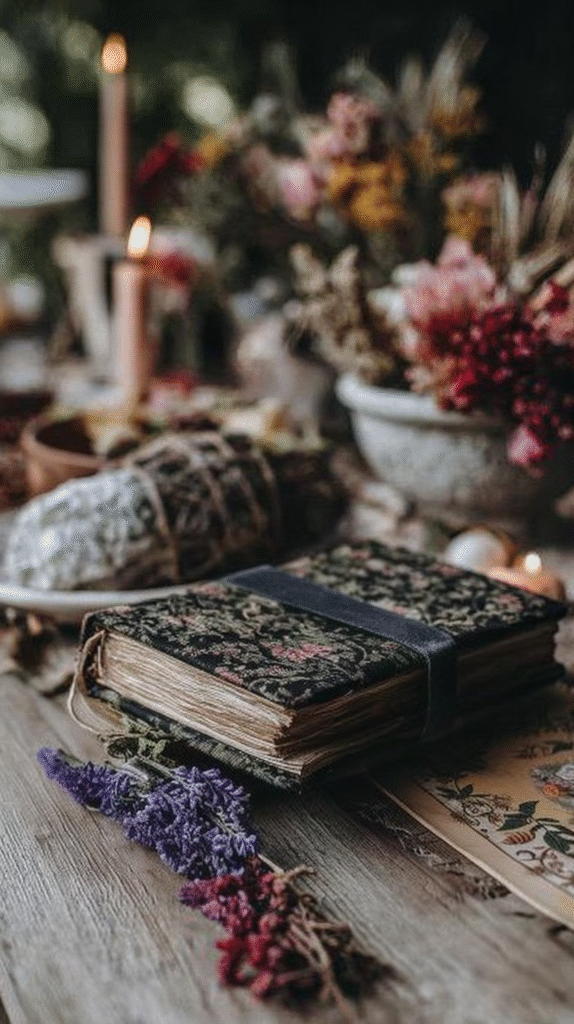 Vintage book with floral cover on a wooden table, surrounded by dried flowers and lit candles.