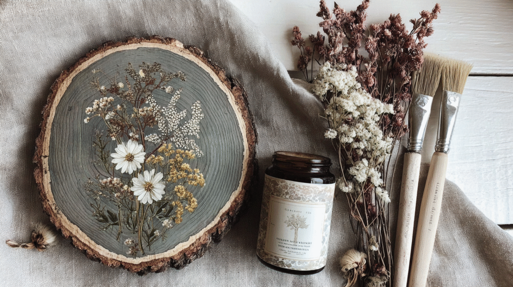 Wood slice with pressed flowers, dried blooms, paintbrushes, and a candle jar on linen. Rustic natural decor setup.