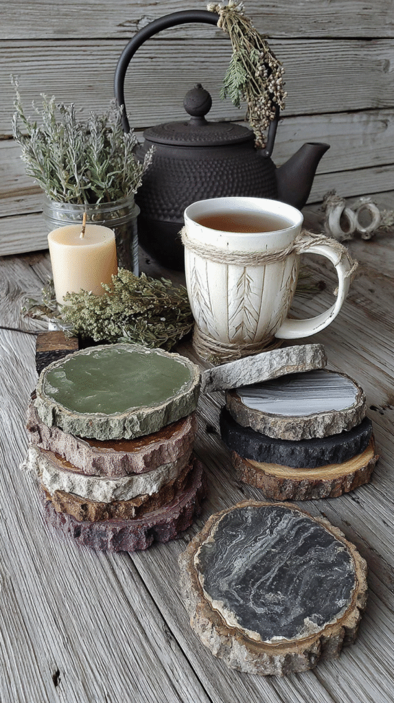 Rustic wooden coasters with tea, herbs, and candle on a wooden table for a cozy, organic vibe.