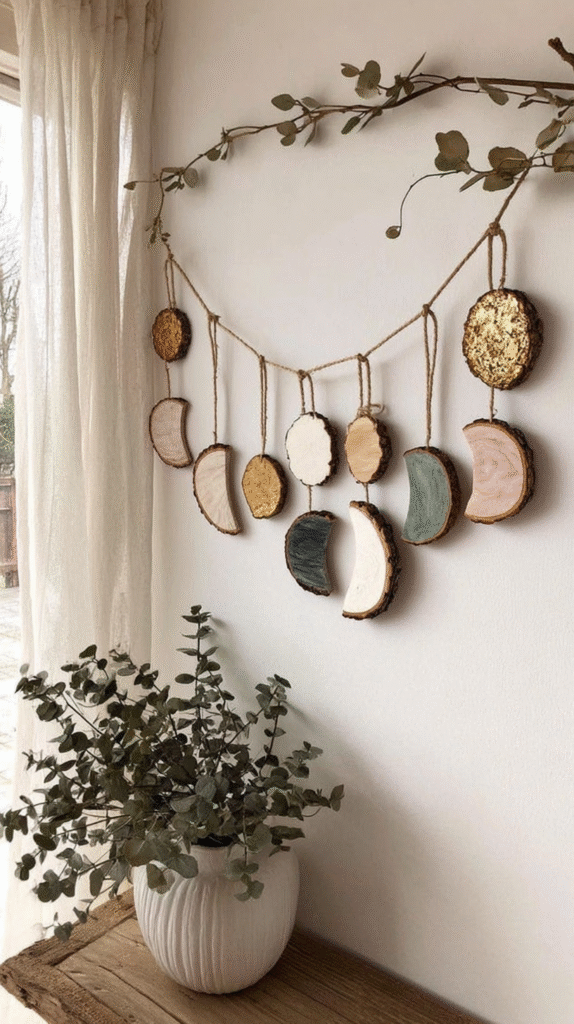 Rustic wall decor with crescent moons and a potted plant on wooden shelf by window. Cozy and natural styling.