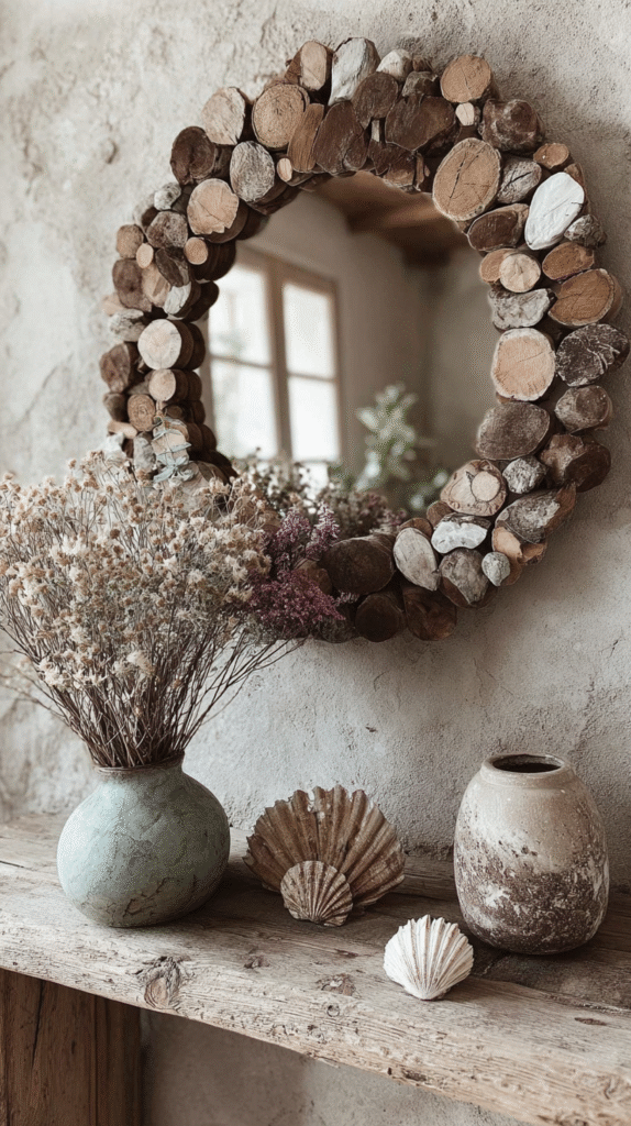 Rustic mirror with wooden frame, dried flowers, and vases on wooden shelf—cozy home decor inspiration.