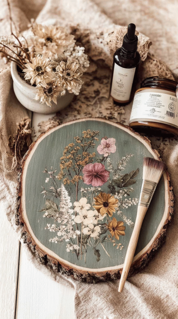 Hand-painted wildflowers on wood slice with brush, essential oil bottle, and dried flowers, rustic art setup.