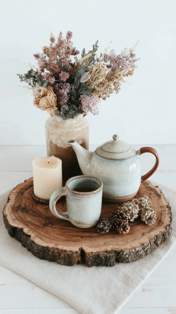 Rustic tea setup with teapot, mug, candle, and dried flowers on wood slice for cozy home decor.