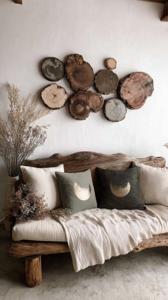 Rustic living room with wooden sofa, textured pillows, and wood slice wall art for a cozy, natural aesthetic.