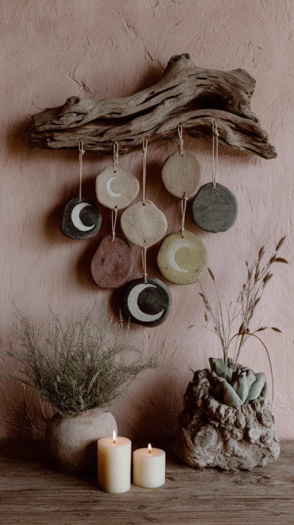 Rustic wall art with crescent moon designs, driftwood, candles, and plants on a wooden shelf for cozy decor.