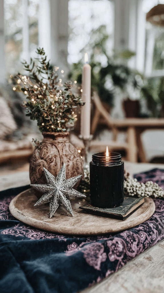 Decorative candlelit table setting with black candle, ornate star, and greenery in rustic vase on wooden tray.