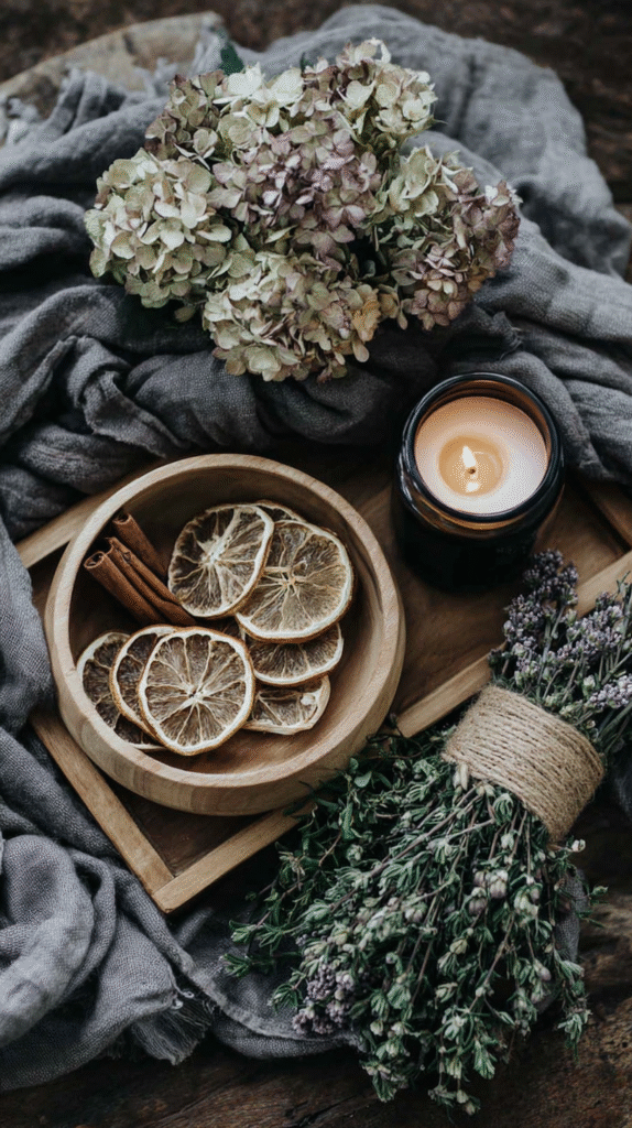 Rustic still life with dried flowers, bowl of citrus slices, cinnamon, and lit candle on a wooden tray. Cozy ambiance.