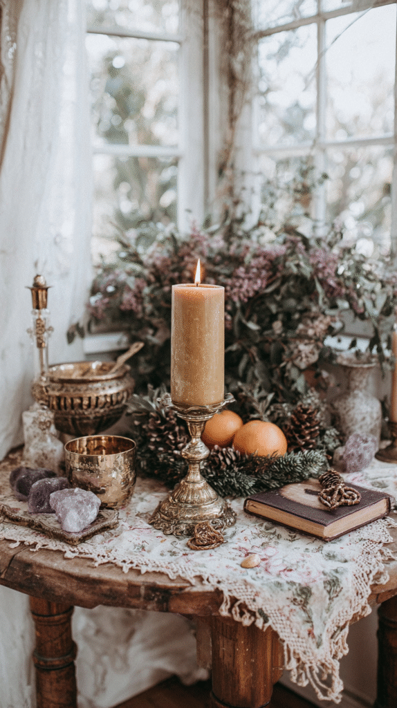 Cozy winter decor with lit candle, pinecones, and vintage items on a lace-covered table by the window.