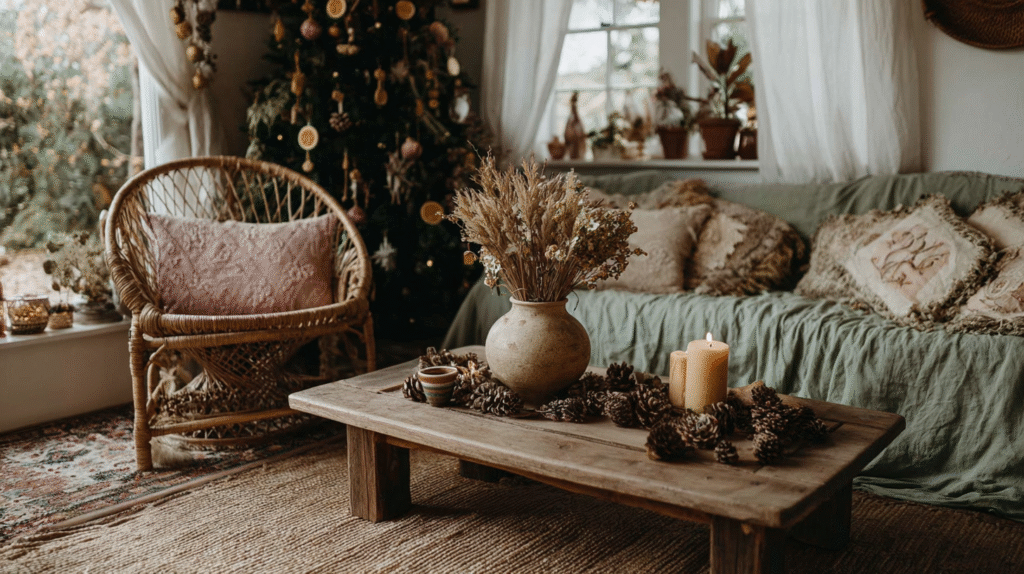 Cozy living room decor with rustic table, dried flowers, candles, and Christmas tree near a rattan chair.
