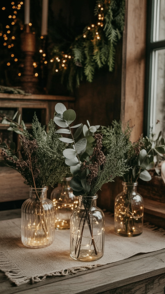 Rustic jars with greenery and fairy lights on a wooden table, creating a cozy, festive atmosphere.