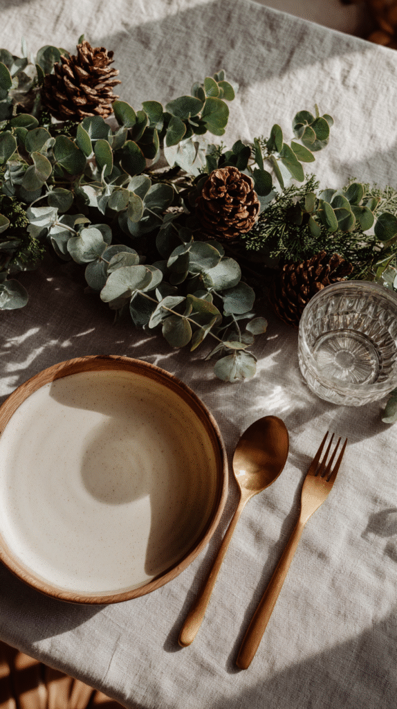 Rustic table setting with a ceramic plate, gold cutlery, glass, and eucalyptus garland on a linen tablecloth.