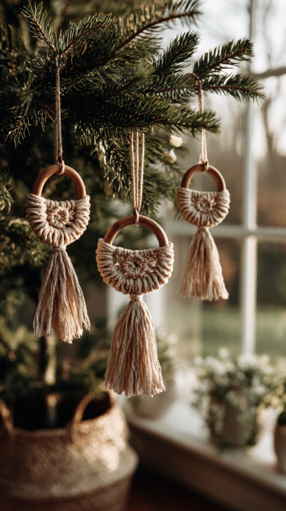 Handmade macramé Christmas ornaments on a tree branch by a window, with sunlight streaming in.