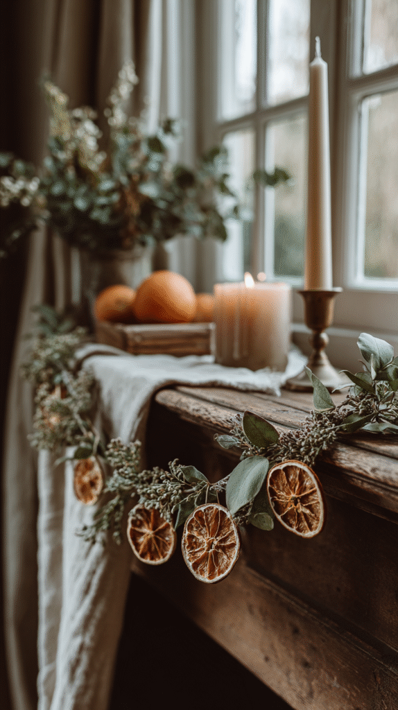 Rustic holiday mantel with dried orange garland, candles, and oranges by a window for cozy home decor.