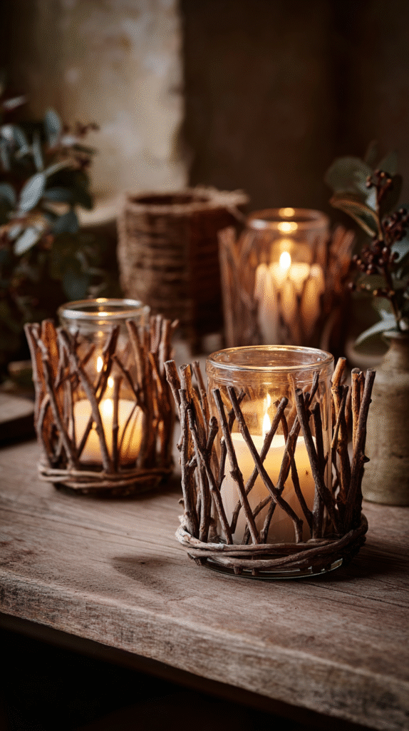 Lit candles in rustic twig holders on a wooden table, creating a warm and cozy atmosphere.