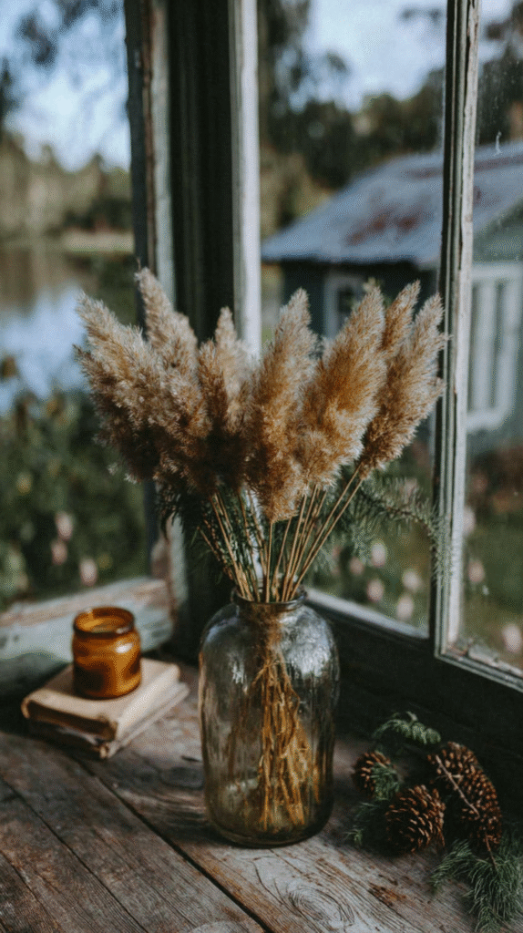 Pampas grass in a glass vase on rustic wooden table by window with pinecones, cozy home decor scene.