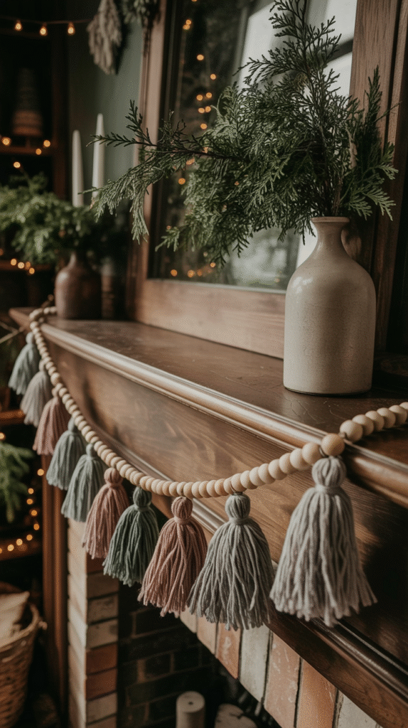 Cozy mantel decor with tassel garland and green branches in a vase, creating a warm, rustic atmosphere.