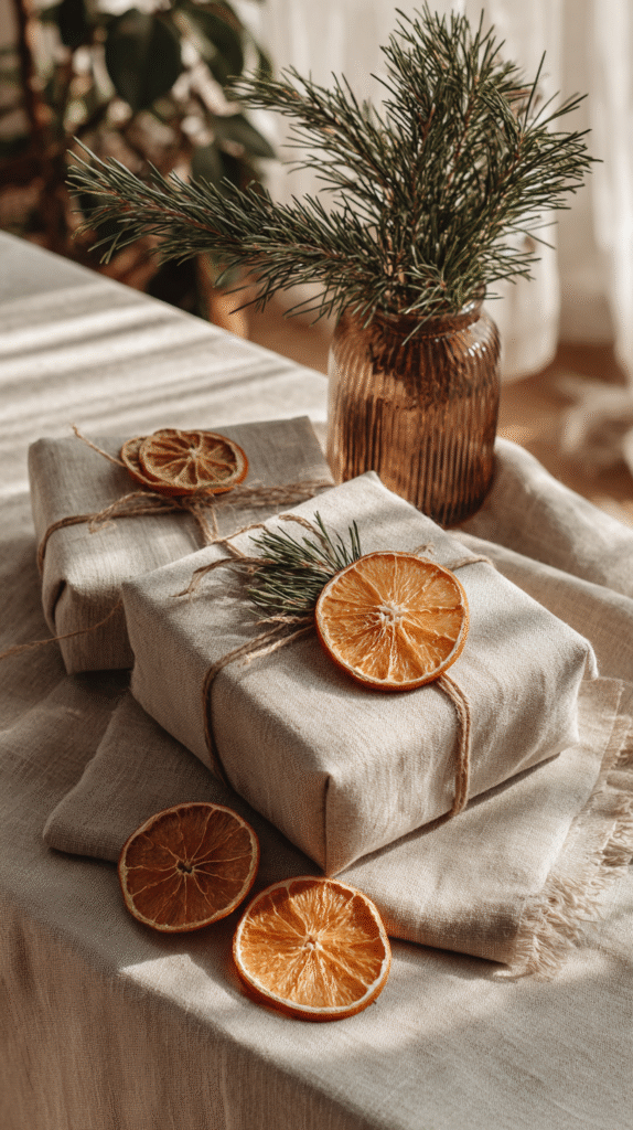 Eco-friendly gift wraps with dried oranges and pine sprigs on a linen tablecloth for sustainable holiday decor.