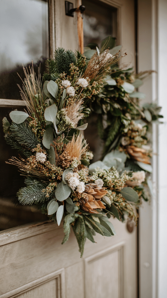 Rustic holiday wreath with greenery and dried flowers on a wooden door, creating a warm seasonal welcome.