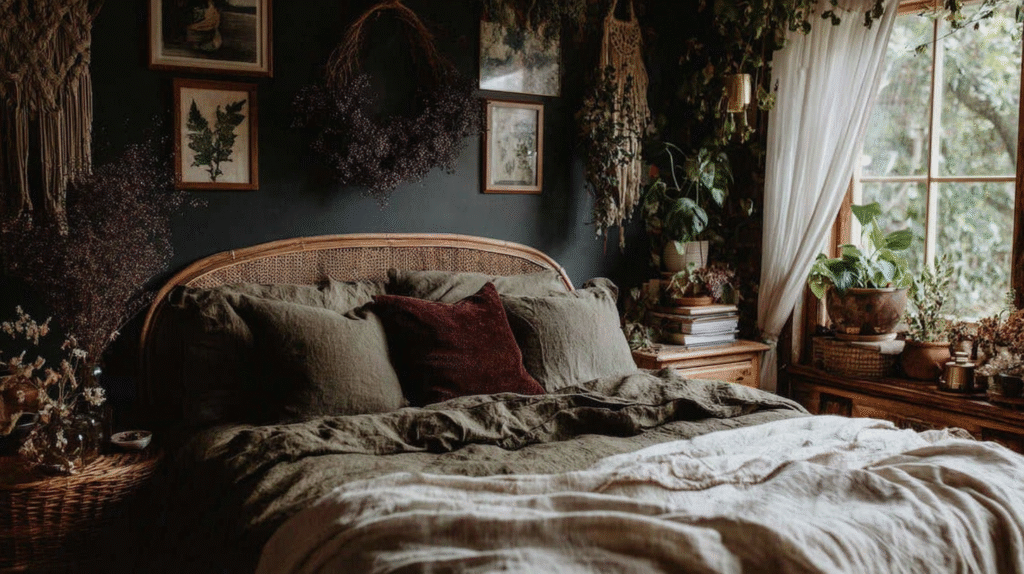 Cozy bedroom with natural decor, plants, and soft lighting near a window. Earth-toned bedding and macramé accents enhance boho vibe.