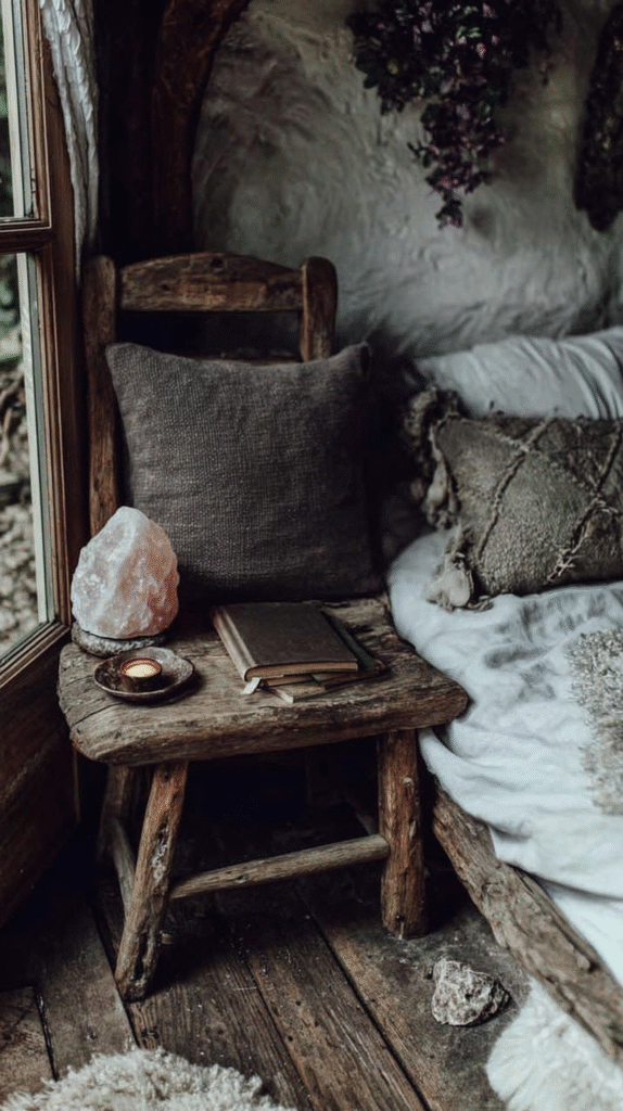Cozy rustic nook with a wooden chair, salt lamp, candle, and soft pillows beside a bed in natural light.