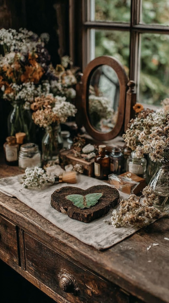 Antique vanity with a rustic butterfly decor, dried flowers, and jars, reflecting a vintage, nature-inspired aesthetic.