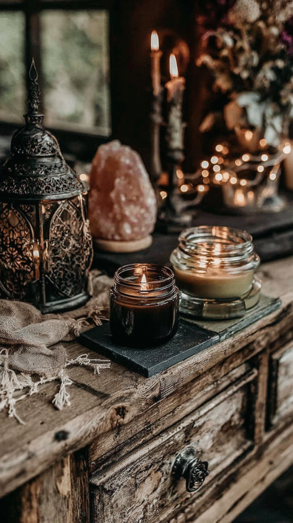 Cozy setting with lit candles, lantern, and salt lamp on rustic wooden table, creating a warm, vintage ambiance.