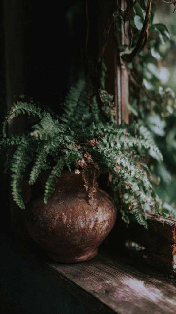 Fern in rustic pot on wooden windowsill, illuminated by soft light and surrounded by greenery.