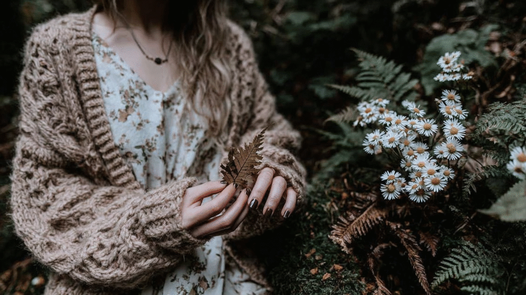 Woman in cozy knit cardigan holding a fern leaf, surrounded by wildflowers in a forest setting.