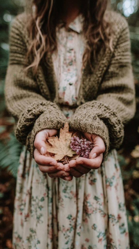 Woman in floral dress holding autumn leaves and flowers, showcasing rustic, cozy fall vibes in nature.