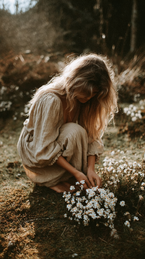 Woman in a flowing dress picking white daisies in a serene meadow at sunset.