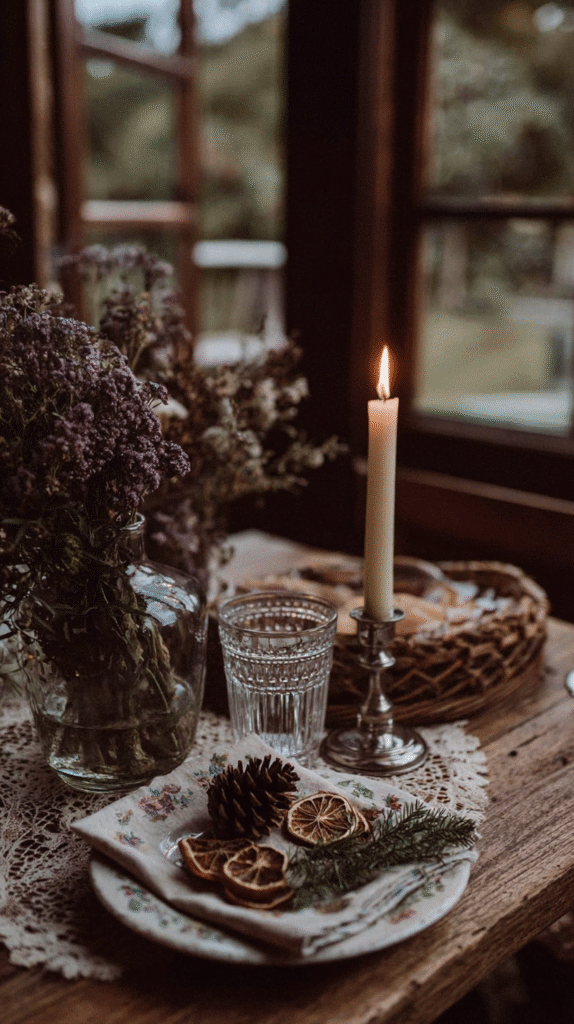 Cozy rustic table setting with candle, glassware, dried fruits, pinecone, and flowers on lace.