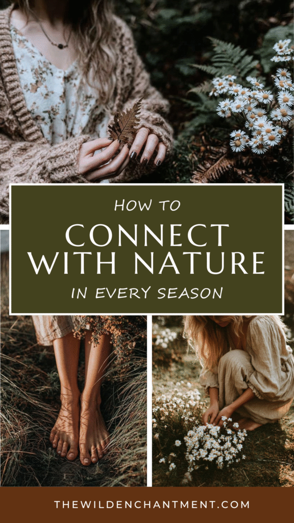 Person holding leaf, connecting with nature in all seasons with flowers and earthy textures. thewildenchantment.com