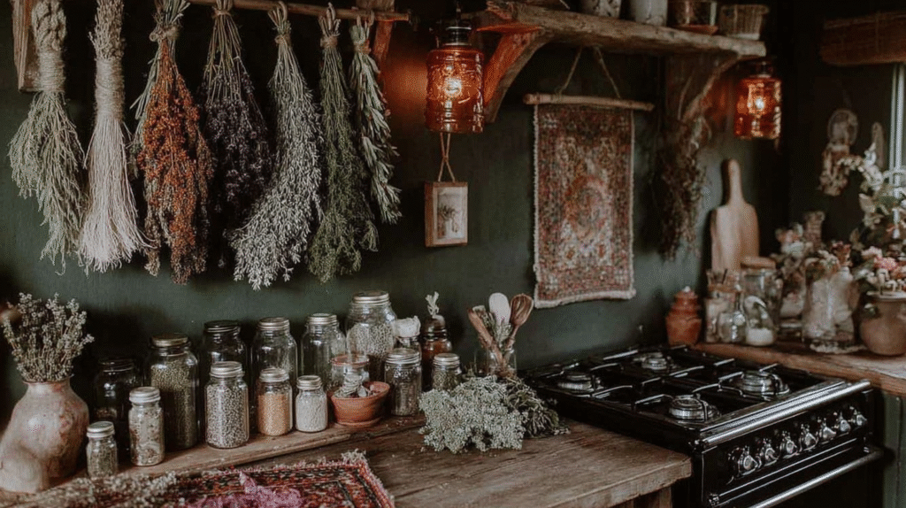 Rustic kitchen with hanging herbs, spice jars, and vintage decor for a cozy, natural cooking space.