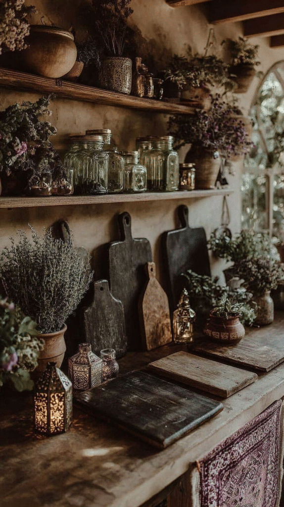 Rustic kitchen countertop with wooden cutting boards, jars, herbs, and lanterns creating a cozy, vintage atmosphere.