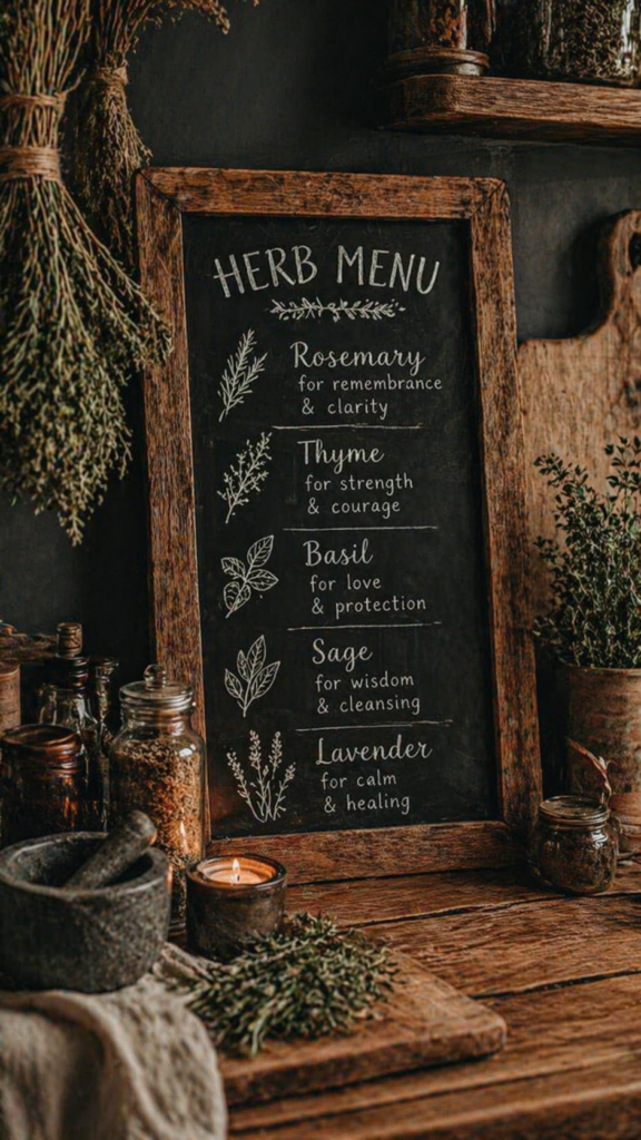 Rustic kitchen herb menu chalkboard with rosemary, thyme, basil, sage, lavender beside dried herbs, jars, candle, mortar.