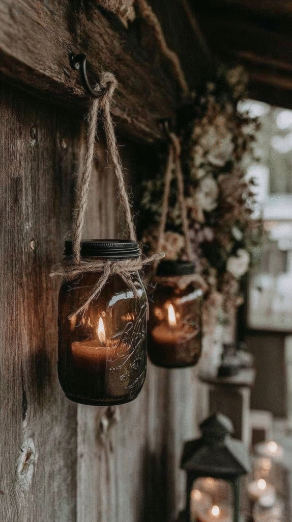 Rustic mason jar lanterns with lit candles hanging on a wooden wall, creating a cozy ambient glow.