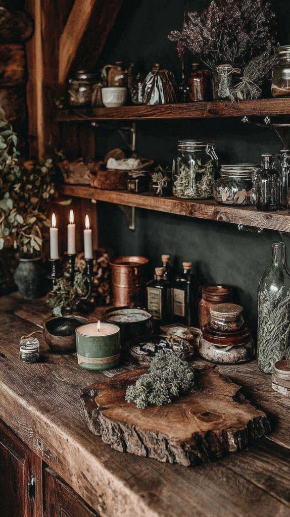 Rustic kitchen shelf with candles, herbs, and jars, creating a cozy, vintage ambiance.