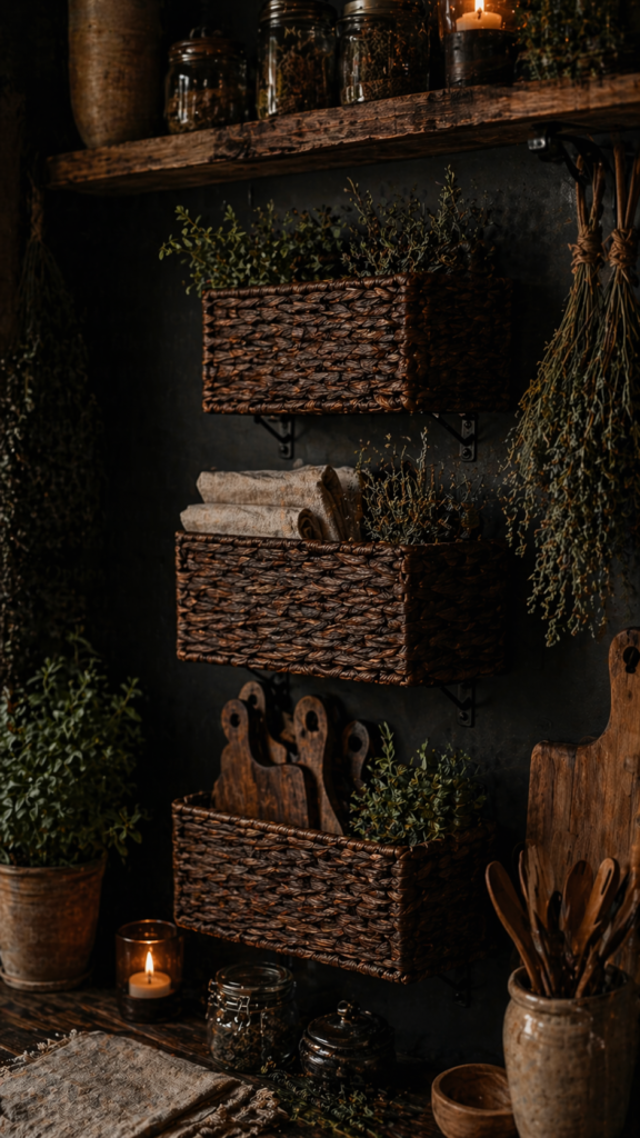 Moody rustic farmhouse kitchen with woven wall baskets, herbs, cutting boards, candle and wooden utensils
